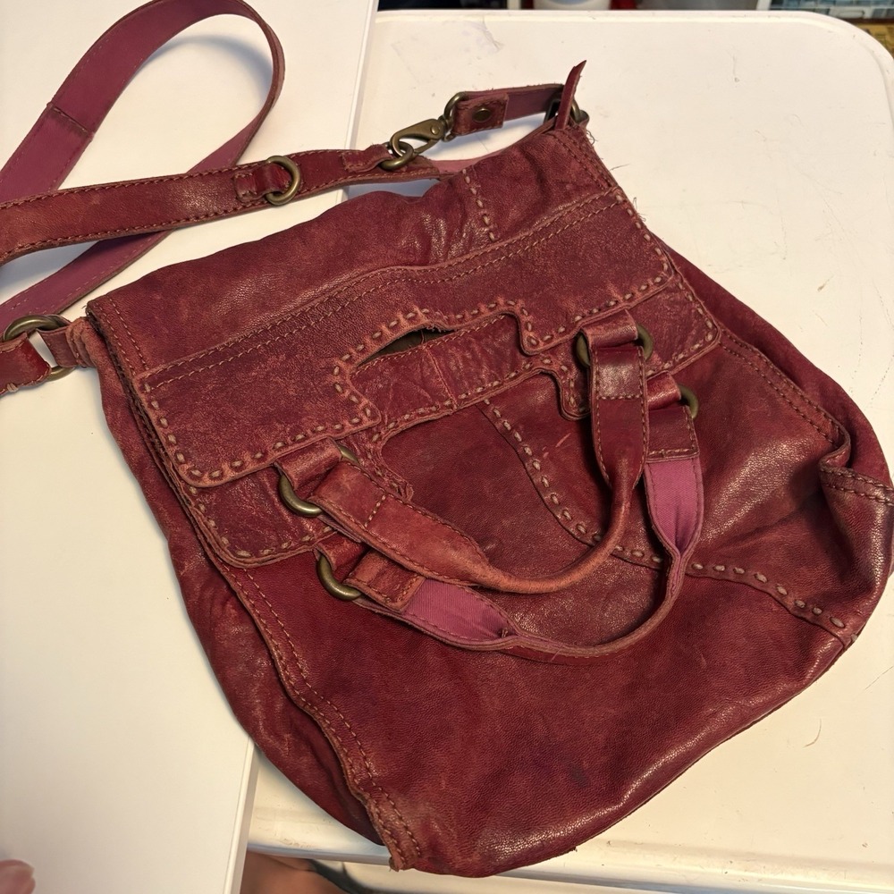 Lucky Brand Soft Italian Lambskin Leather Folding Burgundy Bag Boho Distressed